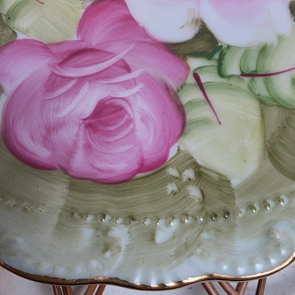 Antique Lefton Hand Painted Pink Rose Porcelain Cake Plate Gold Gilt Scallop Rim